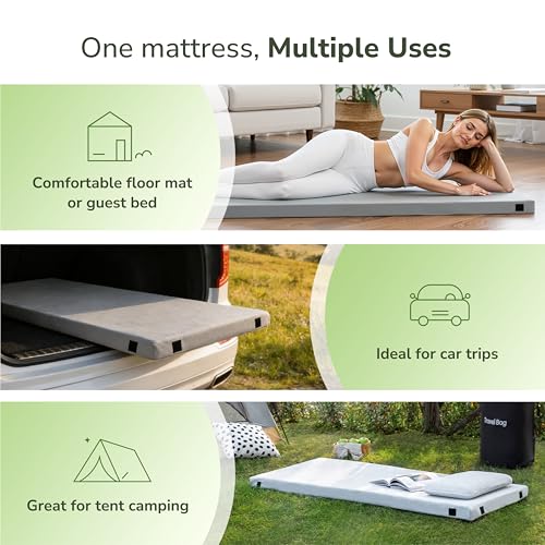 Small Portable Memory Foam Camping Mattress 72x24 Inch with Waterproof Non-Slip Bottom - Grey, Roll-Up Sleep Pad with Travel Bag - Cot Variation