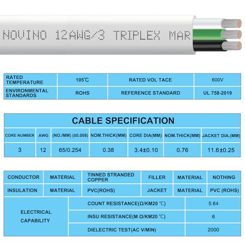 12/3 Marine Grade Wire 100FT Triplex Copper Cable - White PVC Insulation