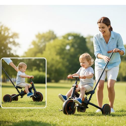 FVOJZQGD Black Foldable Toddler Tricycle with Canopy 8-in-1 Baby Balance Bike