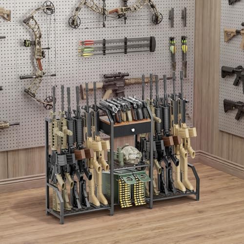 EnigmaSoul 12-Gun Double-Sided Tactical Indoor Gun Rack with Storage Drawer, Heavy Duty Metal Floor Stand for Rifles & Handguns