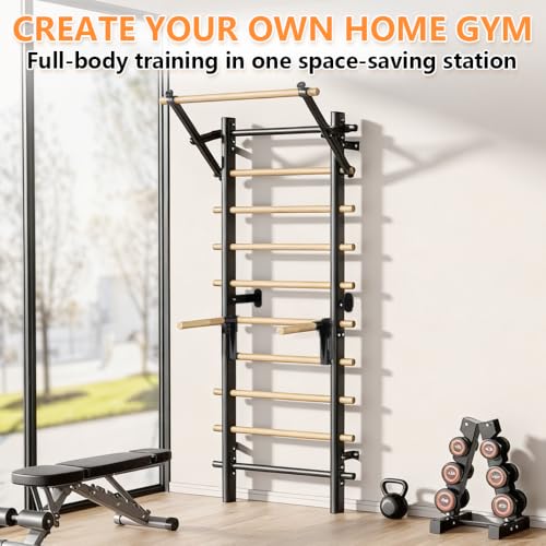 Black Swedish Ladder Stall Bars for Home Gym, 300 LBS Wall Mount with Pull-Up & Dip Station