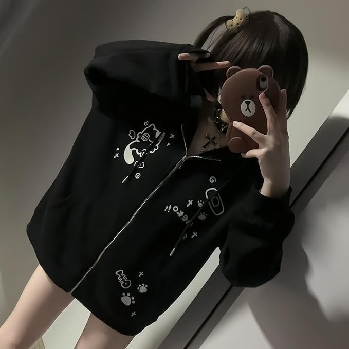 Y2K Zip-Up Cat Ear Oversized Hoodie - Medium Black, Trendy Animal Hoodie