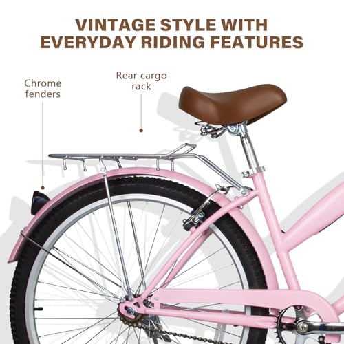 Pink 26-Inch Beach Cruiser Bike for Men Women City Commuter Bicycle
