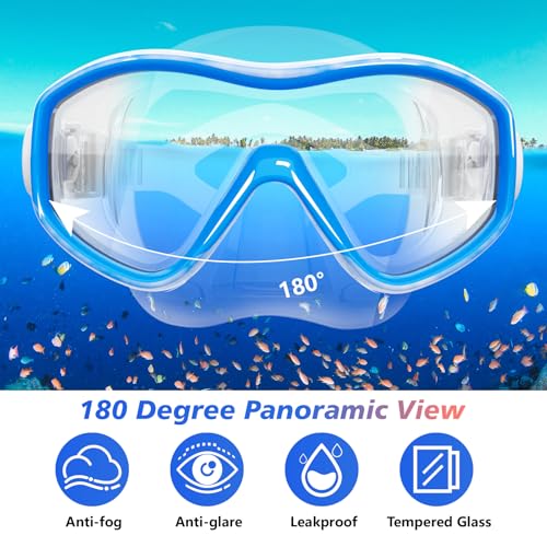 Kids Snorkel Mask and Dry Top Snorkel Set with Fins - Blue + Blue, One Size