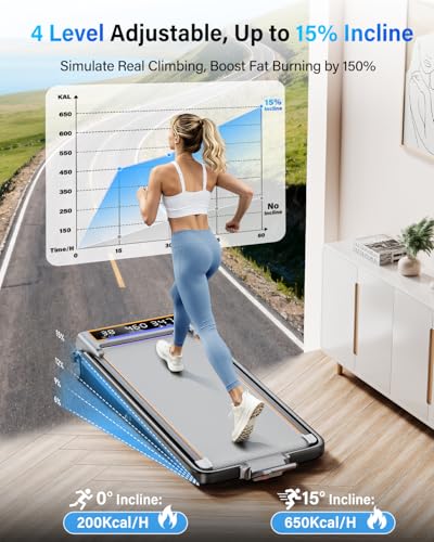 Rayspace Silver Foldable Walking Pad Treadmill with 15% Incline, 2 Screens, Smart App, 3.5HP, Portable Home Exercise Equipment