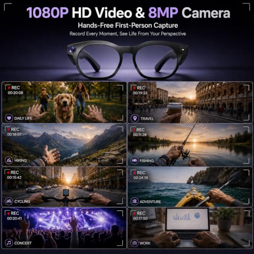 Black AI Smart Glasses with Camera 1080P HD Video Bluetooth Calls