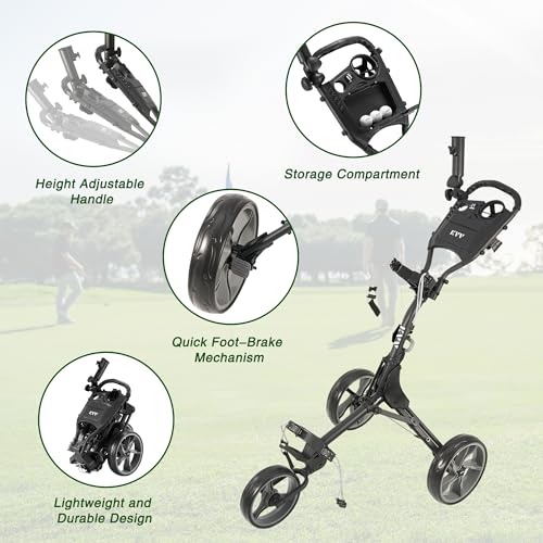KVV Charcoal 3-Wheel Foldable Golf Push Cart with Scorecard & Umbrella Holder, Lightweight