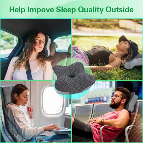SAHEYER Black Travel Pillow for Sleeping, Ergonomic Cervical Neck Support, Memory Foam with Cooling Cover & Storage Bag