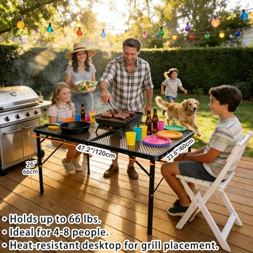 E EASTSTORM 4 Ft Black Metal Folding Table with Adjustable Heights - Portable Outdoor & Indoor Use
