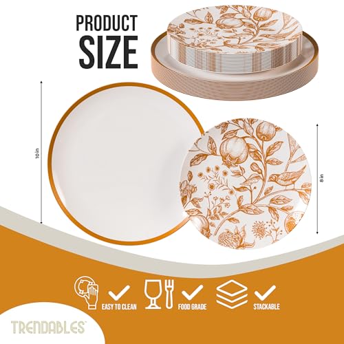 Trendables 40 Count Disposable Plastic Plates Set for 40 Guests - White & Brown Pomegranate Design, 8 & 10 Inch