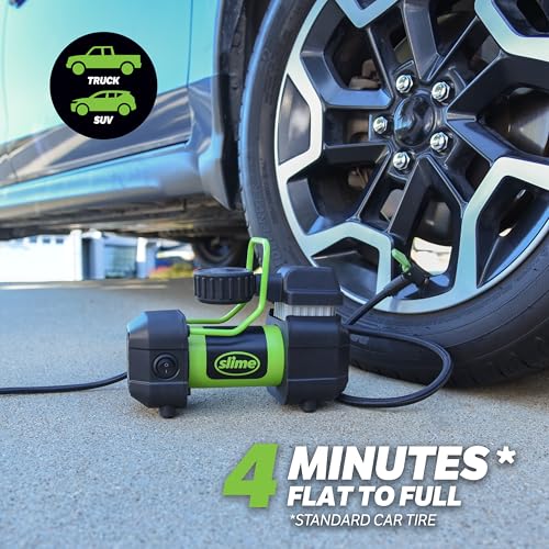 Slime Pro Power Wall Mounted Tire Inflator 120V SUV & 4x4 Air Compressor with Analog 100 psi Gauge, Long Hose, LED Light