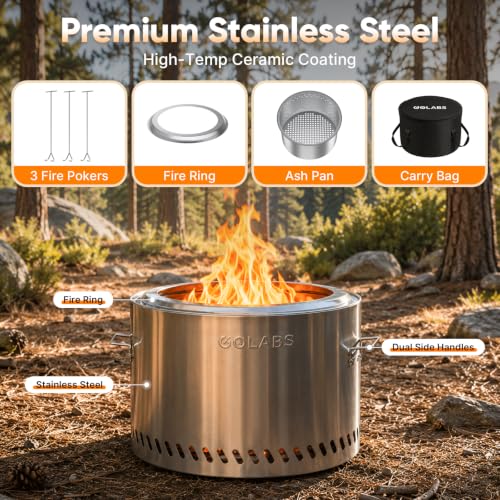 GOLABS FP1 Smokeless Portable Fire Pit 19.5-inch Stainless Steel Camping Fireplace