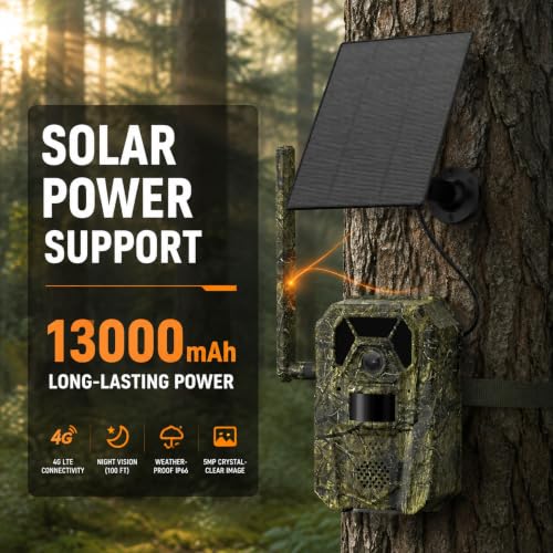 Cellular Trail Camera 4G with 13,000mAh Battery Solar Panel Night Vision Waterproof Army Green