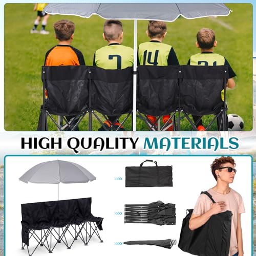 4-Seat Folding Soccer Bench with Umbrella - Portable Outdoor Seating, Black & Gray