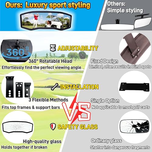 Black Racing Style Rear View Mirror for Golf Carts - Universal Fit, 360° Adjustable