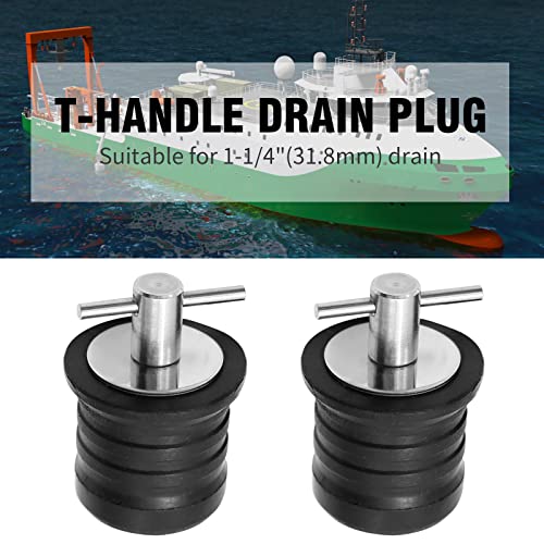 2 Pack 1-1/4 Inch T-Handle Drain Plugs - Rubber Sealed Locking Marine Drainage