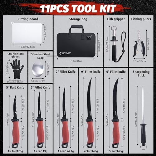 Goture Fish Fillet Knife Set - 11PCS Fishing Tool Kit with Storage Bag & Accessories