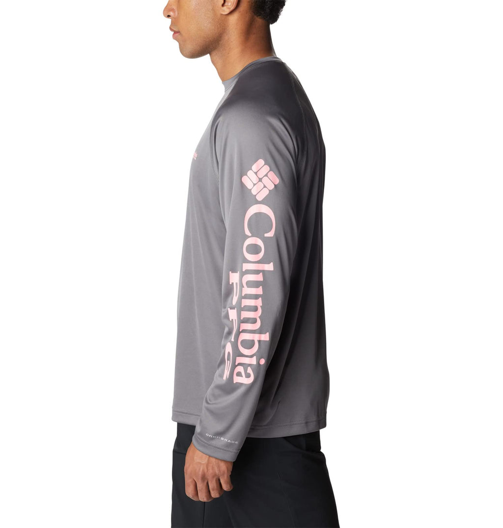 Columbia Men's Terminal Tackle Long Sleeve Fishing Shirt, City Grey/Pink Pop Logo, Large