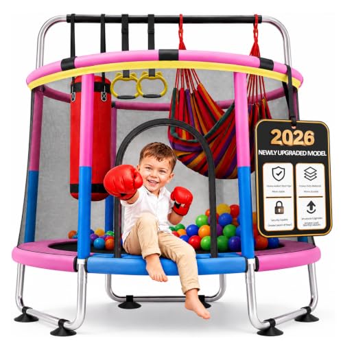 Kids 60-Inch Trampoline with Safety Net - Blue Pink, Indoor Outdoor Toddler Playset