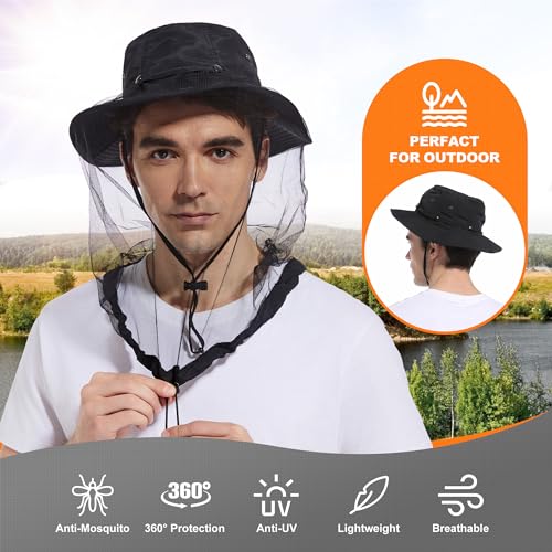 Sun Protection Mosquito Head Net Hat UPF 50+ for Men Women 7 1/2 Black