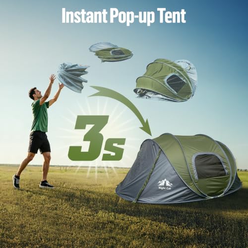 Night Cat 2-4 Person Waterproof Pop-up Camping Tent with Ventilation & Porch, Dark Green
