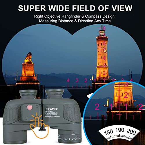 USCAMEL 10x50 Marine Binoculars with Compass & Rangefinder Waterproof for Sailing & Water Sports