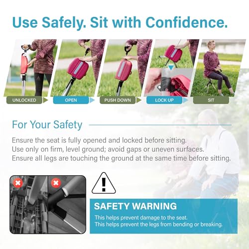 STEP2GOLD Ta-Da Chair Series 2 Folding Walking Stick & Seat M, Black, Lightweight Aluminum