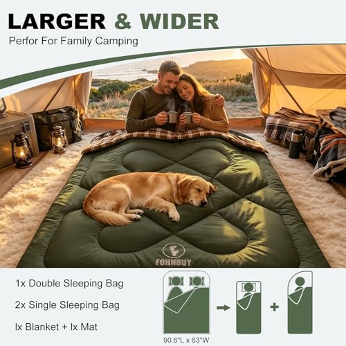 Olive Green Cotton Flannel Double Sleeping Bag for Adults & Couples - 3-Season Comfort