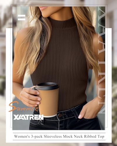 Women's Sleeveless Turtleneck Tops - 3 Pack Medium Black Dark Brown Pumpkin