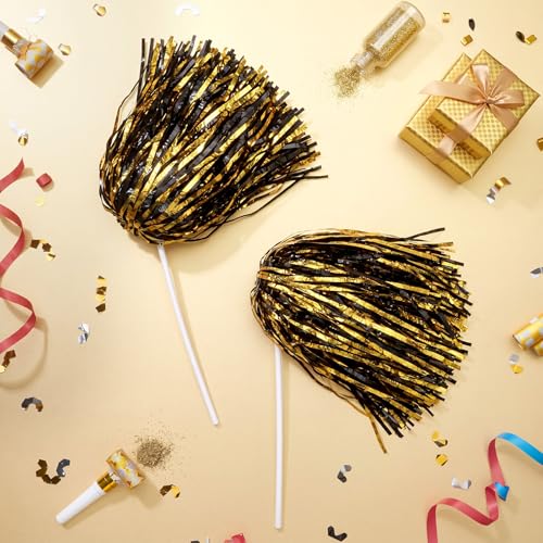 Vinsot Cheerleading Pom Poms Bulk Black Gold Mix 40 Pcs Metallic Foil School Spirit