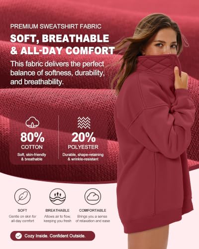 Oversized Womens Sweatshirt Henley Neck Pullover Top - Large Burgundy