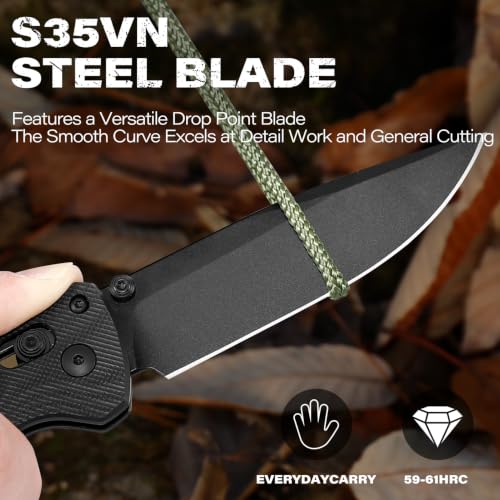 RBLACK 3.3" Tactical EDC Knife Black Drop Point with G10 Handle, S35VN Steel
