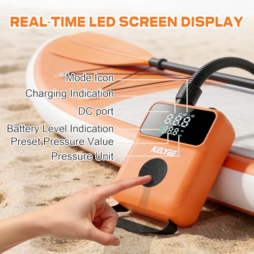 Orange Cordless SUP Air Pump 20PSI Battery Powered High Pressure Electric Pump with Auto Shut-Off for Paddle Boards Kayaks Boats