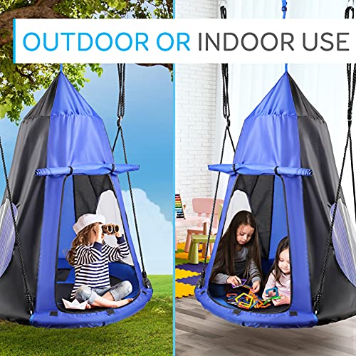 SereneLife Kids Tree Swing with Tent Cover - 40-Inch Saucer Seat, Blue, Indoor & Outdoor Play