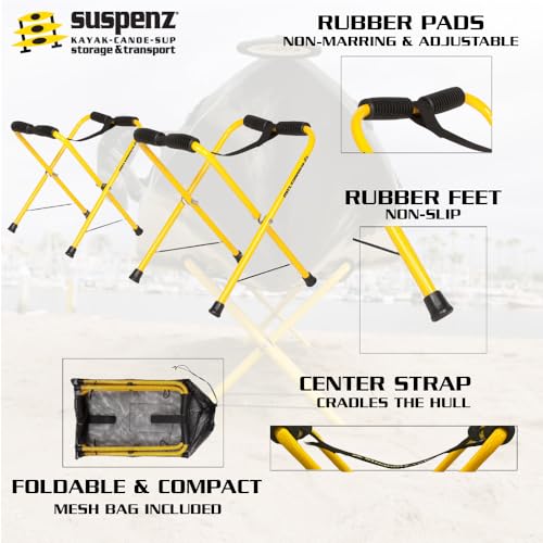 Suspenz Portable Folding Kayak Stand - Lightweight, Rustproof Aluminum Racks for Kayaks, Canoes & SUPs, 150 lb Capacity