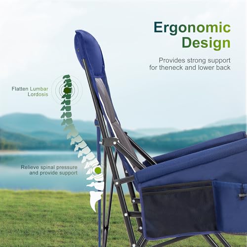 Oversized Camping Chair with High Back & Storage - Navy Blue