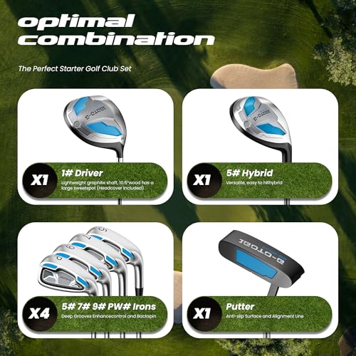 Right Hand Men's Golf Clubs Set with Stand Bag & Rain Cover - Blue, 9 Pieces
