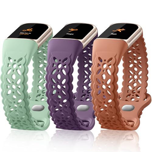 Maledan Floral Lace Silicone Sport Watch Band for Fitbit Charge 5/6 - Green/Purple/Brown, 5.5-8.2 Inch Wrist