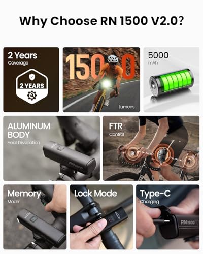 1500 Lumen Bike Front Light with USB-C Rechargeable Waterproof Cycling Light