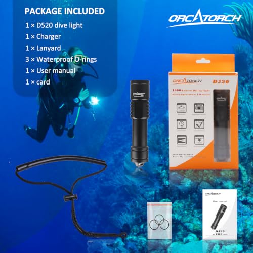 ORCATORCH D520 Black 1000 Lumens Compact Scuba Dive Light, Waterproof
