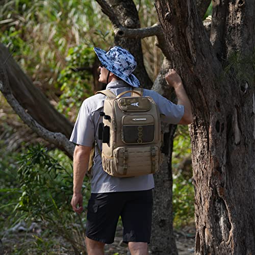 Large 40L Water-Resistant Fishing Tackle Backpack with Rod Holder and 4 Boxes - Khaki