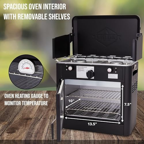 Outdoor Gas Camping Oven - Black - Portable 2-Burner Stove with Carry Bag