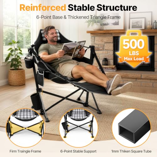 Suteck Black Plaid Hammock Camping Chair with Footrest & Thick Padding