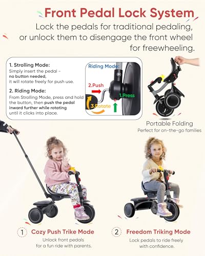 RIDYEE Foldable Toddler Tricycle with Push Handle, Grey, for 18 Months to 5 Years