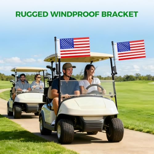 10L0L 2 Pack Golf Cart Flag Holder Kit with Embroidered USA Flags & Black Stainless Poles