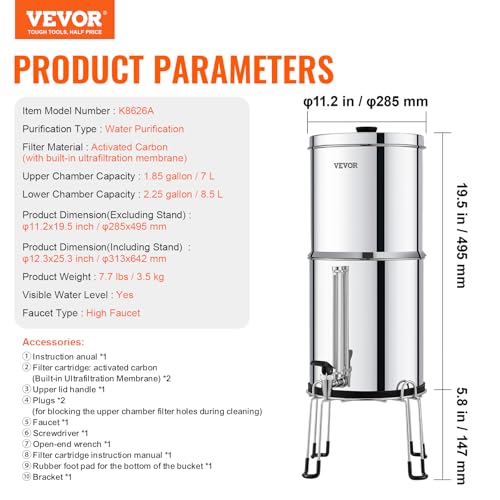Gravity-Fed Water Filter System 2.25G Stainless Steel Countertop with Water Level Indicator