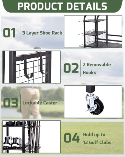 Logicexplore 2 Golf Bag Storage Organizer Rack with Rolling Wheels - Heavy-Duty Metal Garage Golf Gear Holder