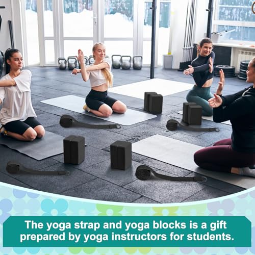 Black Yoga Blocks and Strap Set - 12 EVA Foam Blocks 6 Adjustable 8ft Straps