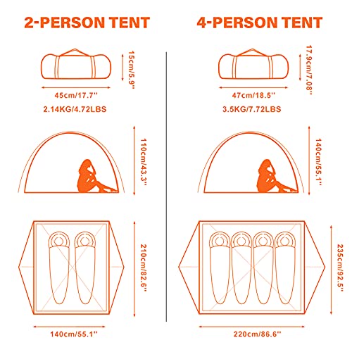 BISINNA 4 Person Camping Tent - Lightweight Waterproof Backpacking Shelter - Orange