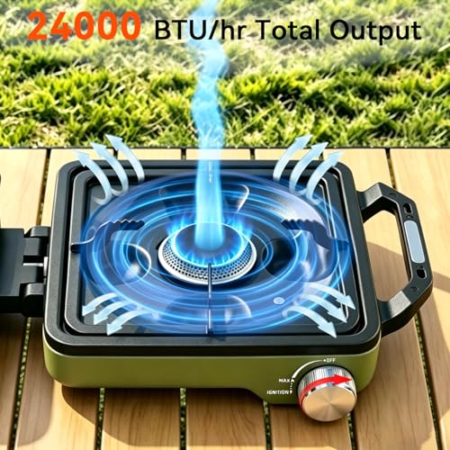 Green Double Burner Camping Stove with Windshield & Accessories - Portable 24000 BTU